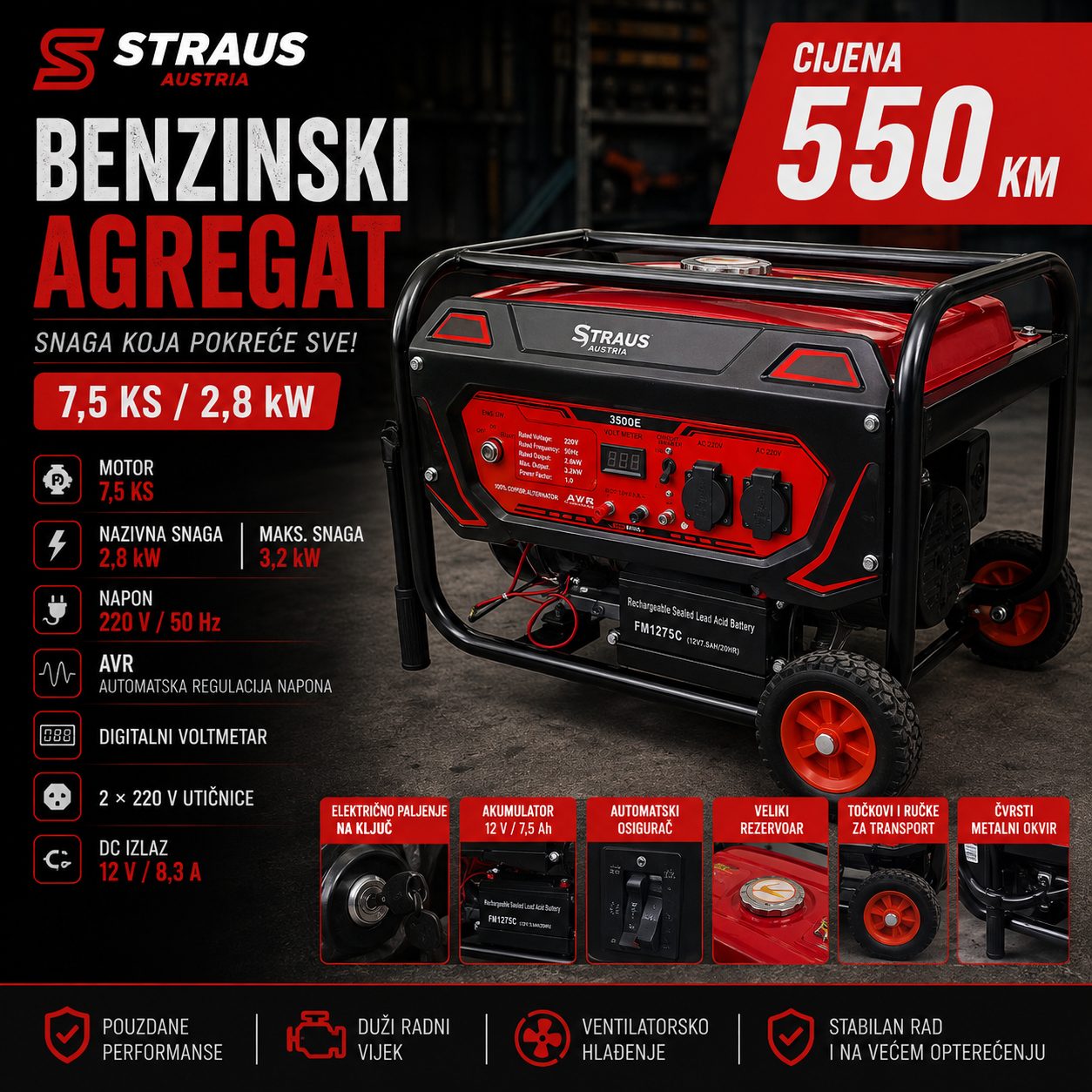 BENZINSKI AGREGAT STRAUS 3500E – 3,2 kW / 7,5 KS PALJENJE NA KLJUČ