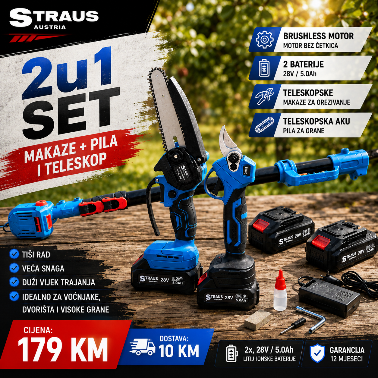 AKU SET STRAUS AUSTRIA 3U1 – LANČANA PILA + MAKAZE + TELESKOPSKI PRODUŽETAK 2,10 m