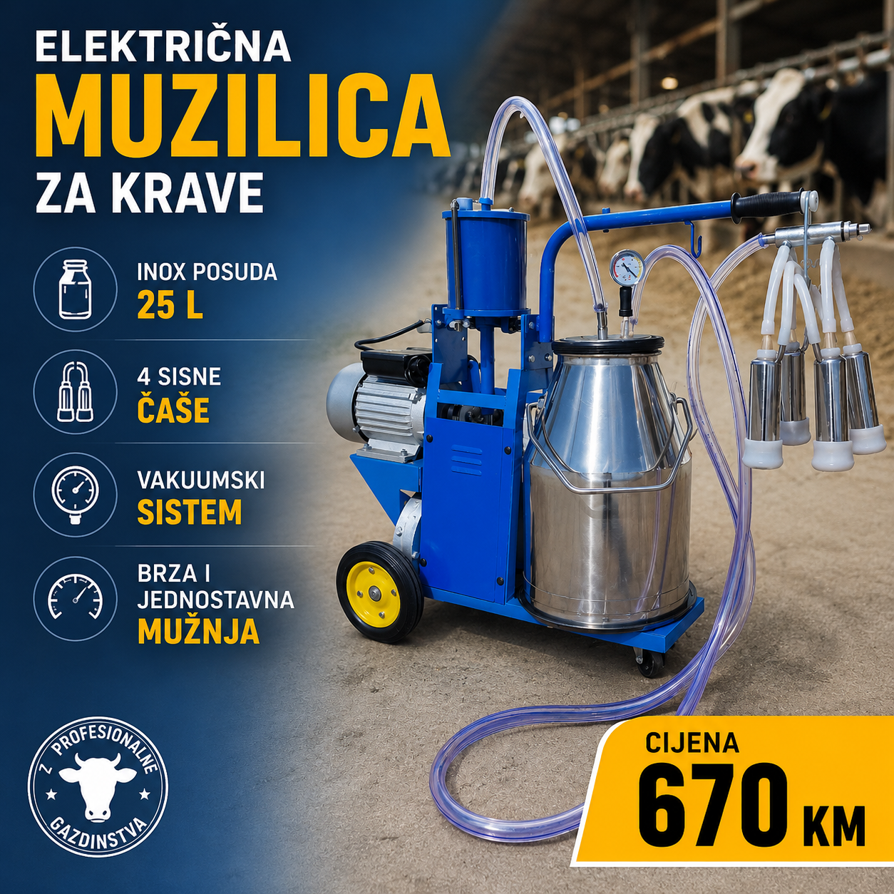 ELEKTRIČNA MUZILICA ZA KRAVE – INOX POSUDA 25 L