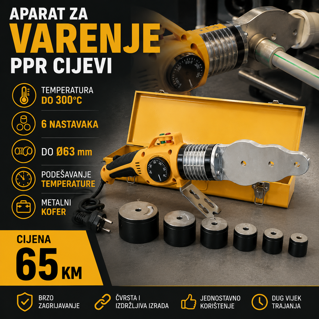 APARAT ZA VARENJE PPR CIJEVI – KOMPLET SA 6 NASTAVAKA