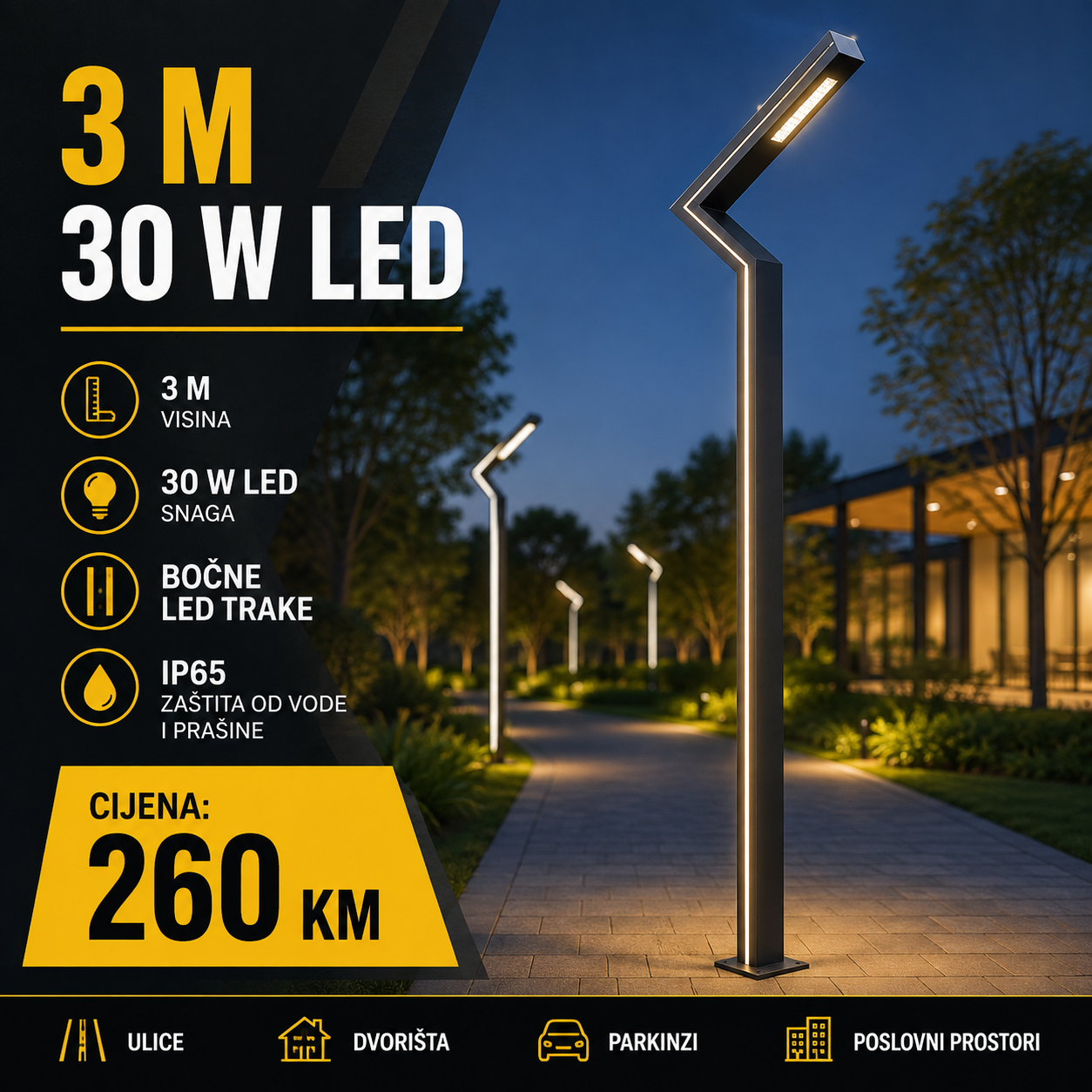 LED RASVJETNI STUB 3 M – MODERAN DIZAJN SA INTEGRISANOM RASVJETOM