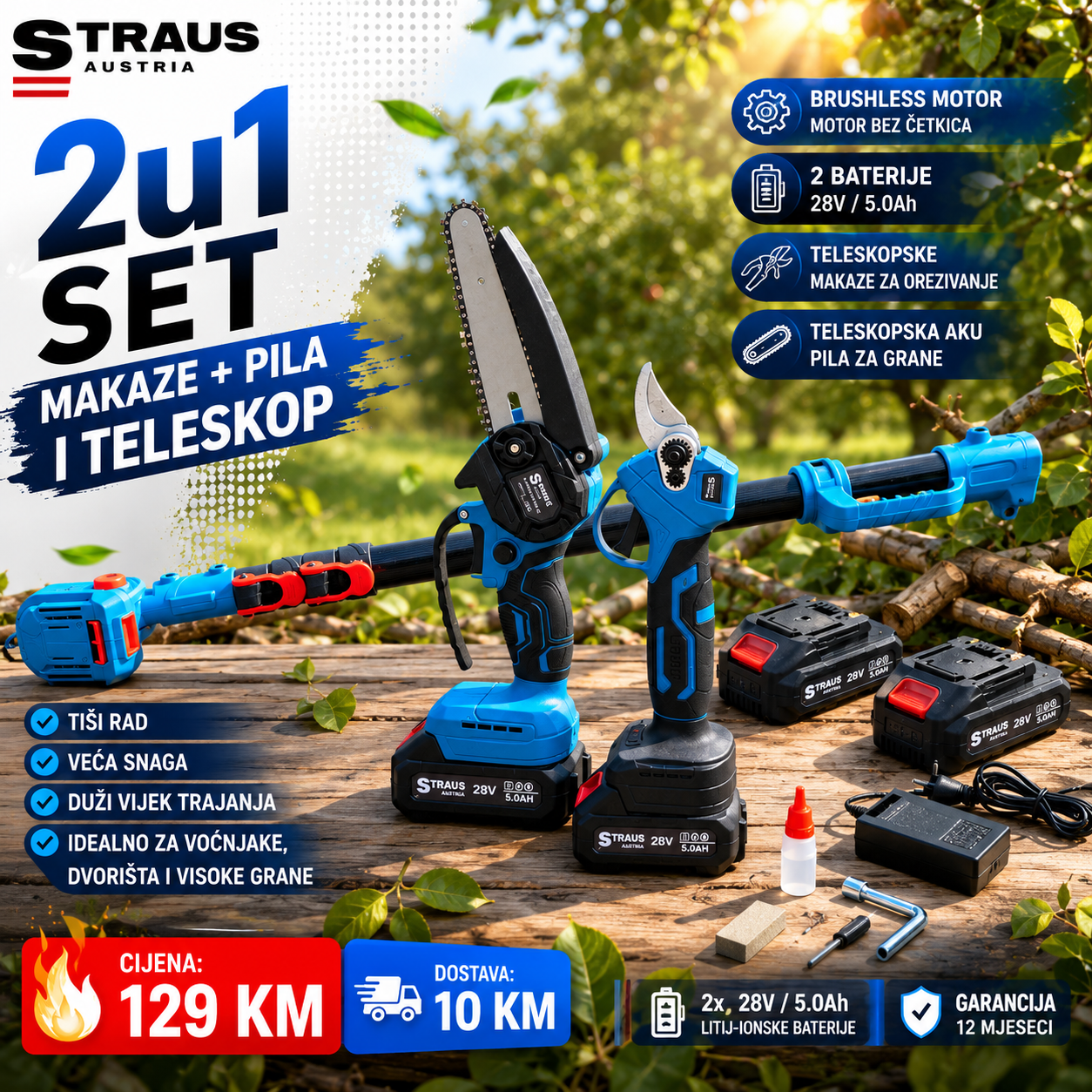 AKU SET STRAUS AUSTRIA 3U1 – LANČANA PILA + MAKAZE + TELESKOPSKI PRODUŽETAK 2,10 m