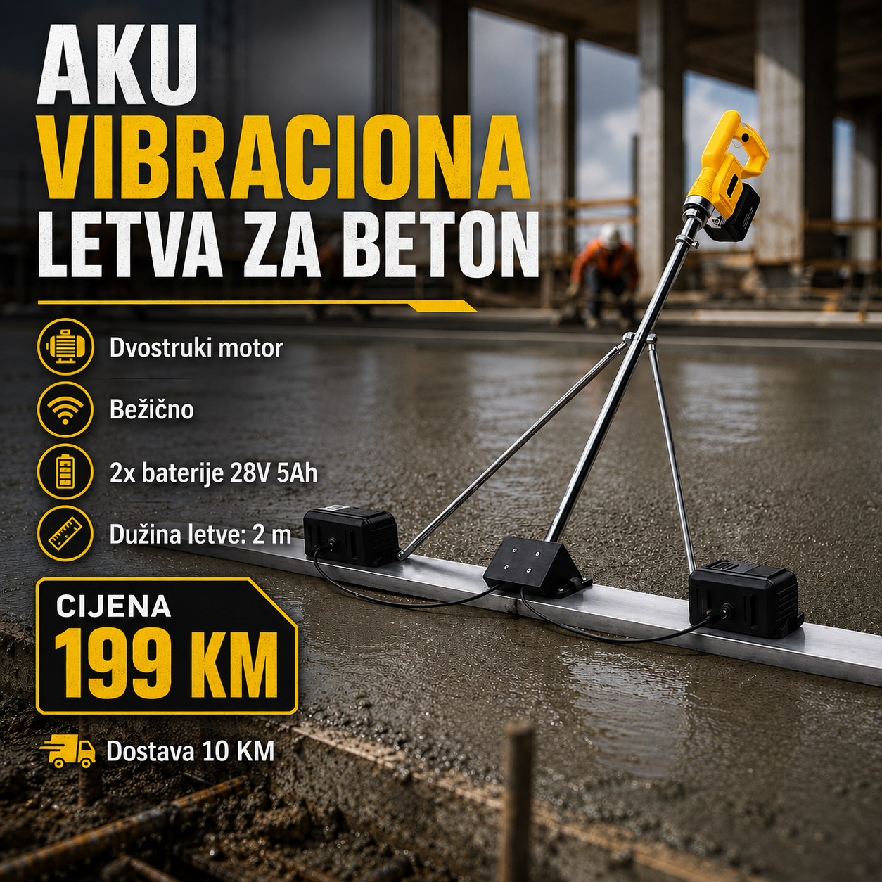 AKU VIBRACIONA LETVA ZA BETON 2m – 2 MOTORA – STRAUS AUSTRIA