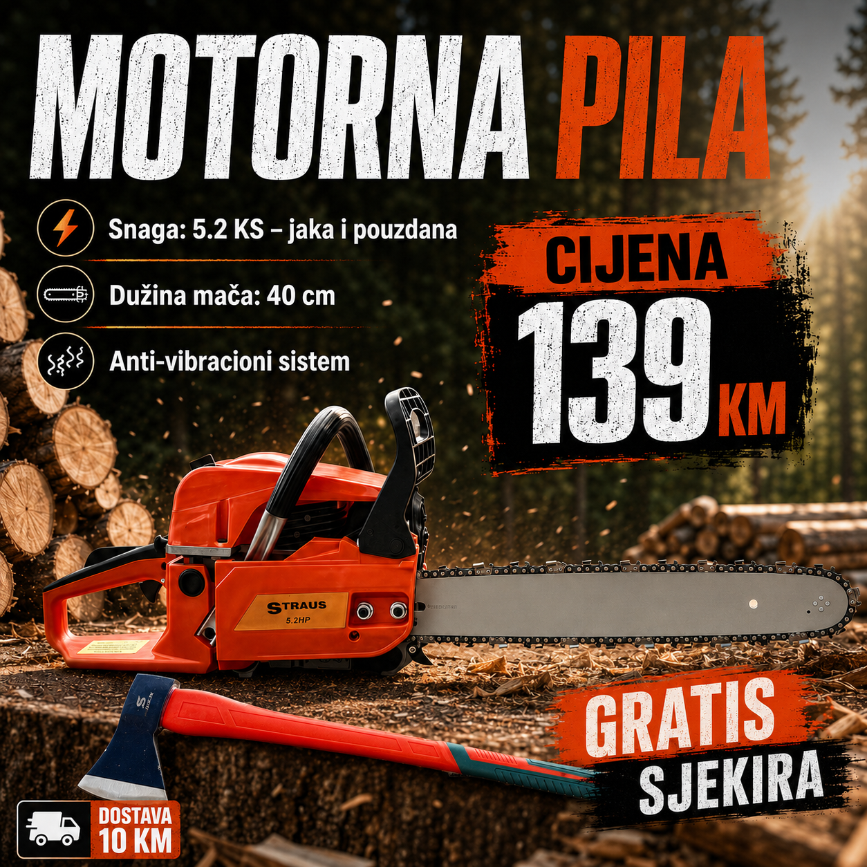 MOTORNA PILA STRAUS AUSTRIA 5.2 KS + SJEKIRA GRATIS
