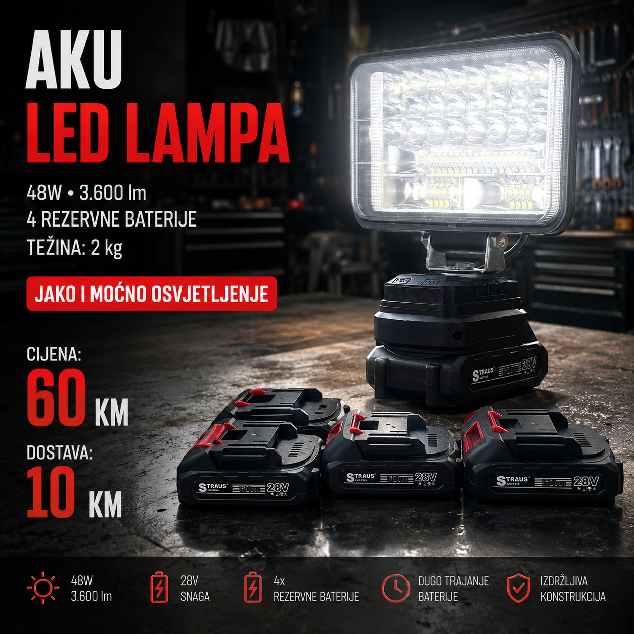 Aku LED Radna Lampa 48W 3600lm + 4 Baterije – Profesionalna Snaga