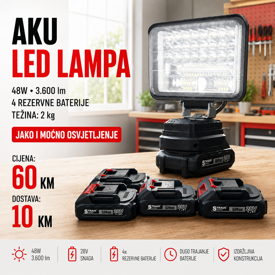 Aku LED Radna Lampa 48W 3600lm + 4 Baterije – Profesionalna Snaga
