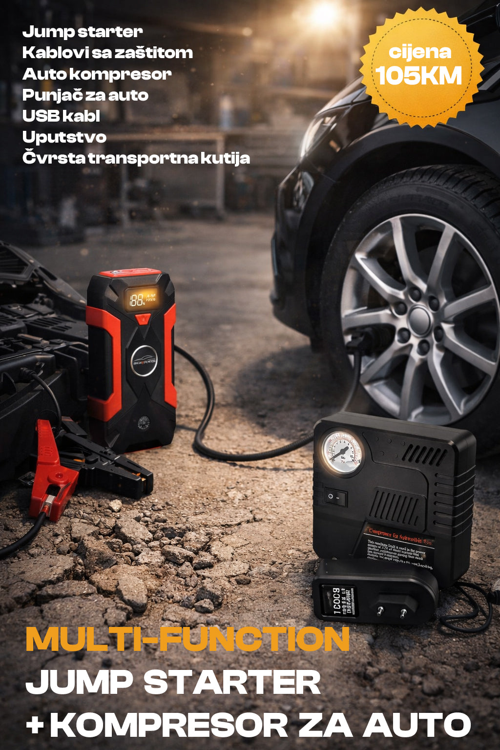 MULTI-FUNCTION JUMP STARTER + KOMPRESOR ZA AUTO