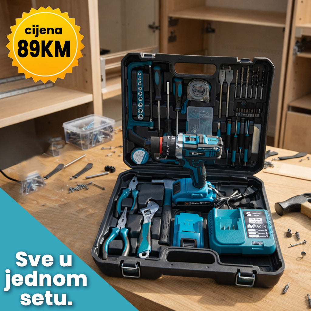 Straus Austria 28V Aku Bušilica: Udarna Snaga i Set od 100 Dijelova