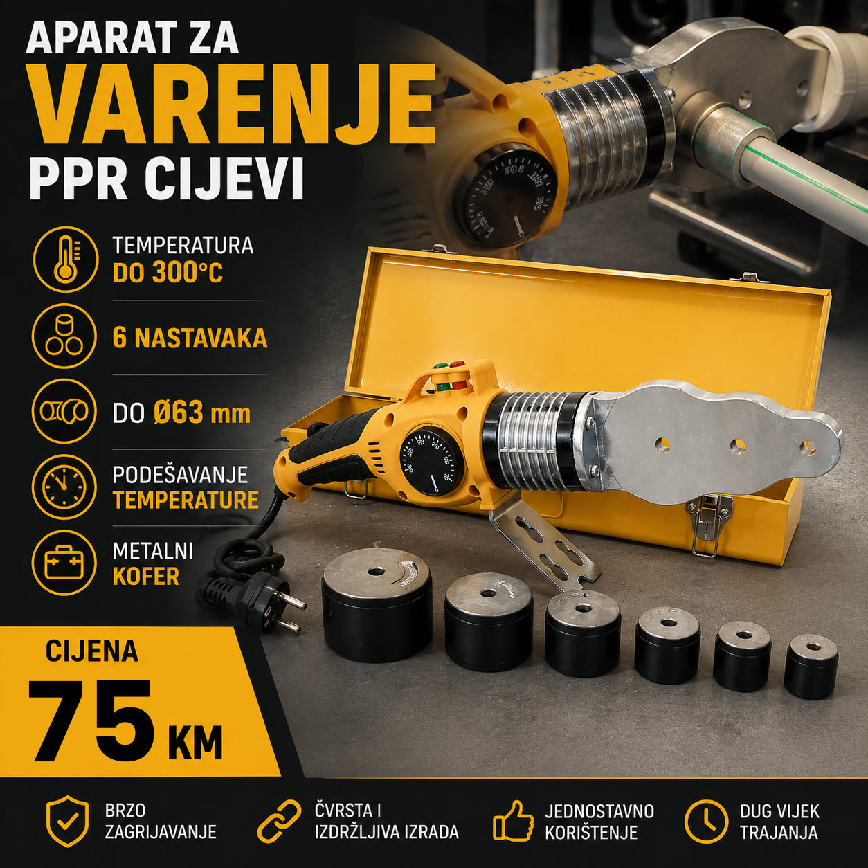APARAT ZA VARENJE PPR CIJEVI – KOMPLET SA 6 NASTAVAKA