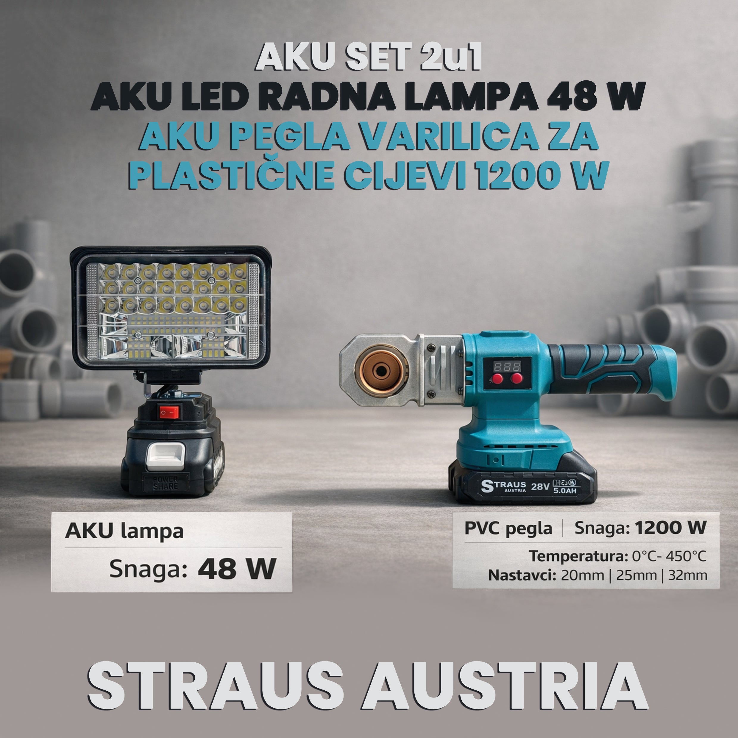 AKU SET 2/1 – LED LAMPA 48W + PVC PEGLA 1200W – STRAUS AUSTRIA
