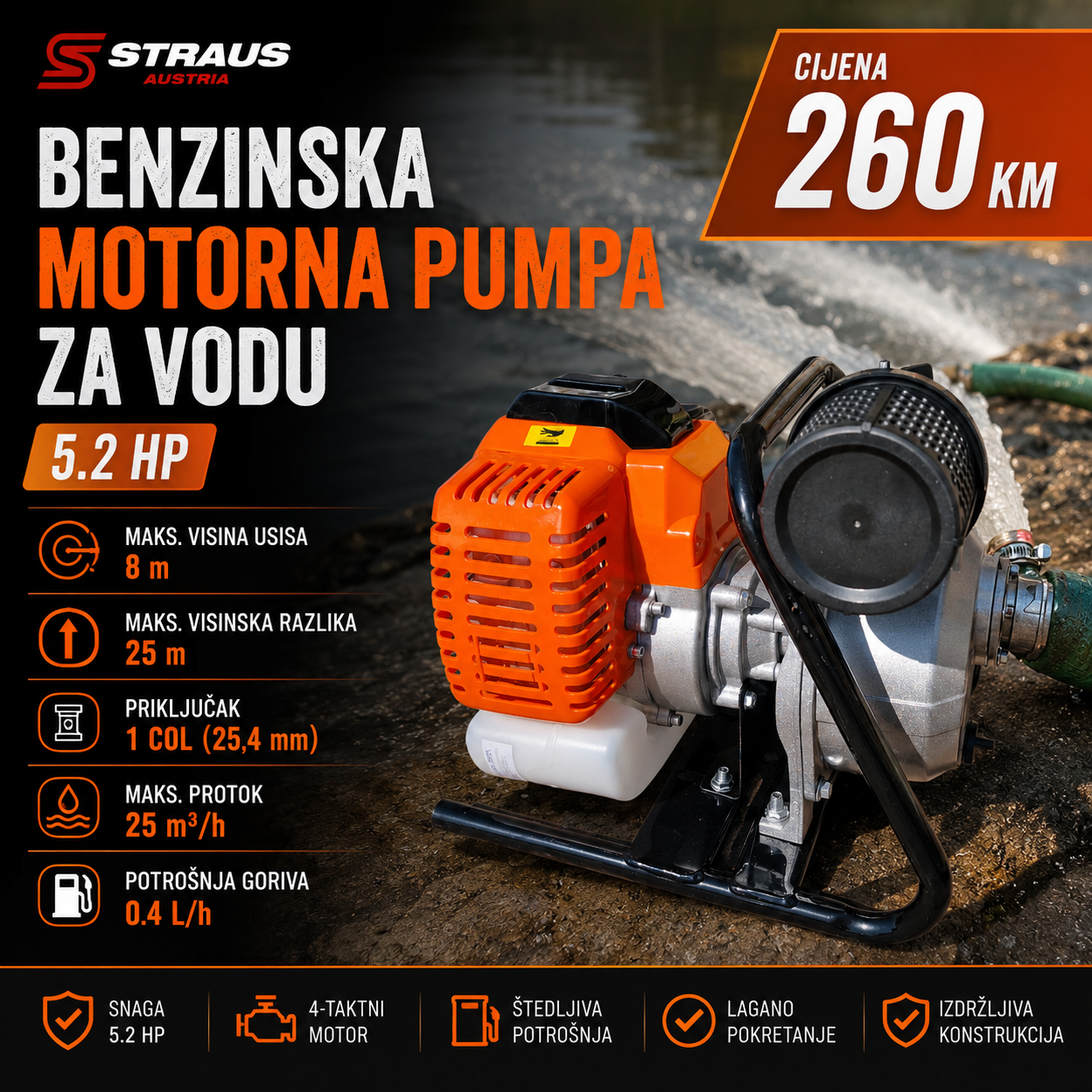BENZINSKA MOTORNA PUMPA ZA VODU STRAUS AUSTRIA 5.2 HP