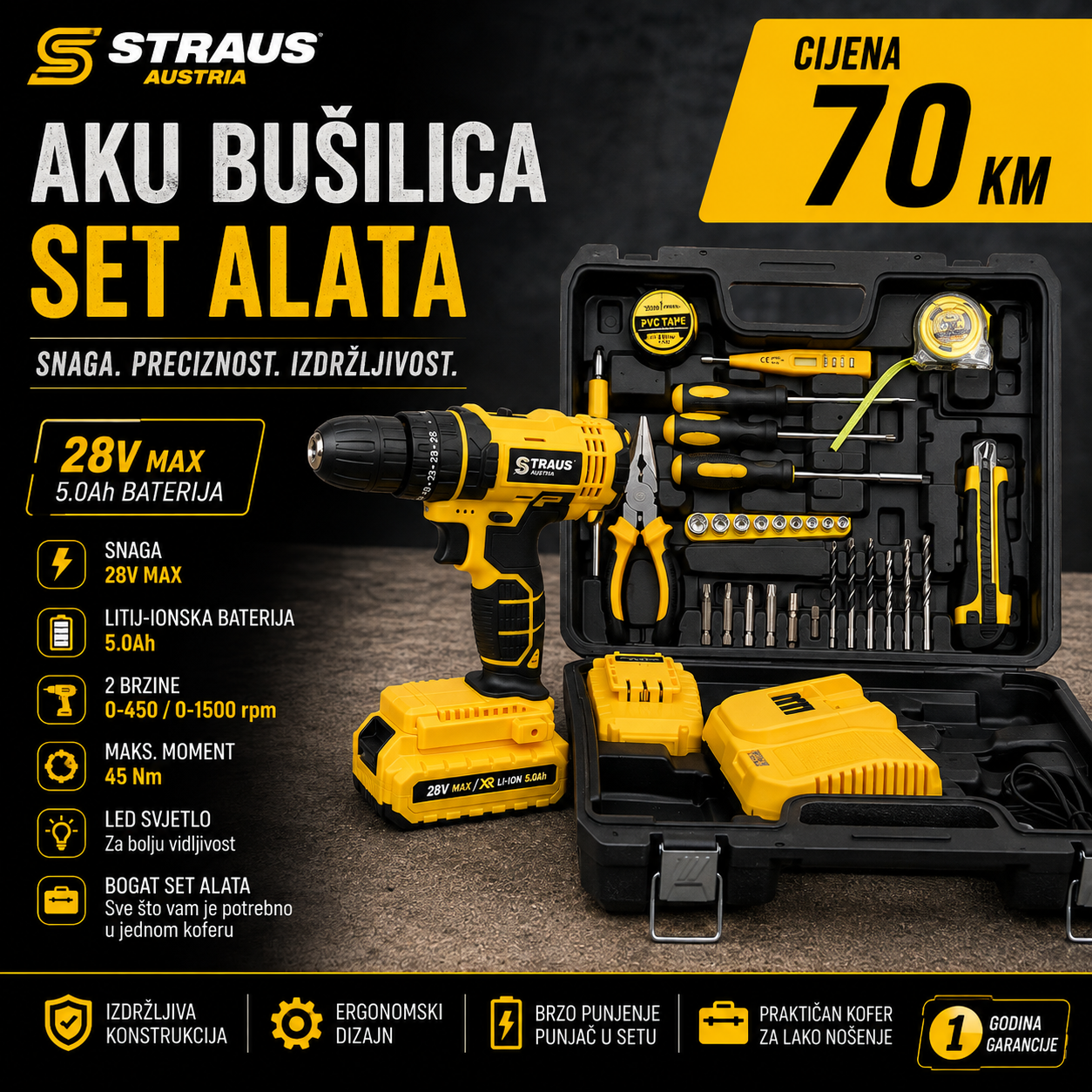 AKU BUŠILICA STRAUS AUSTRIA 28V – KOMPLET SA ALATOM