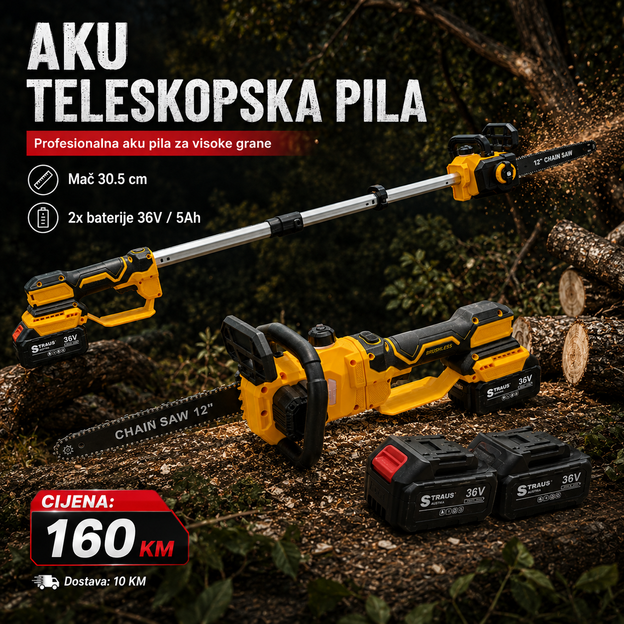 Aku teleskopska pila STRAUS AUSTRIA 36V + 2 BATERIJE + KOFER