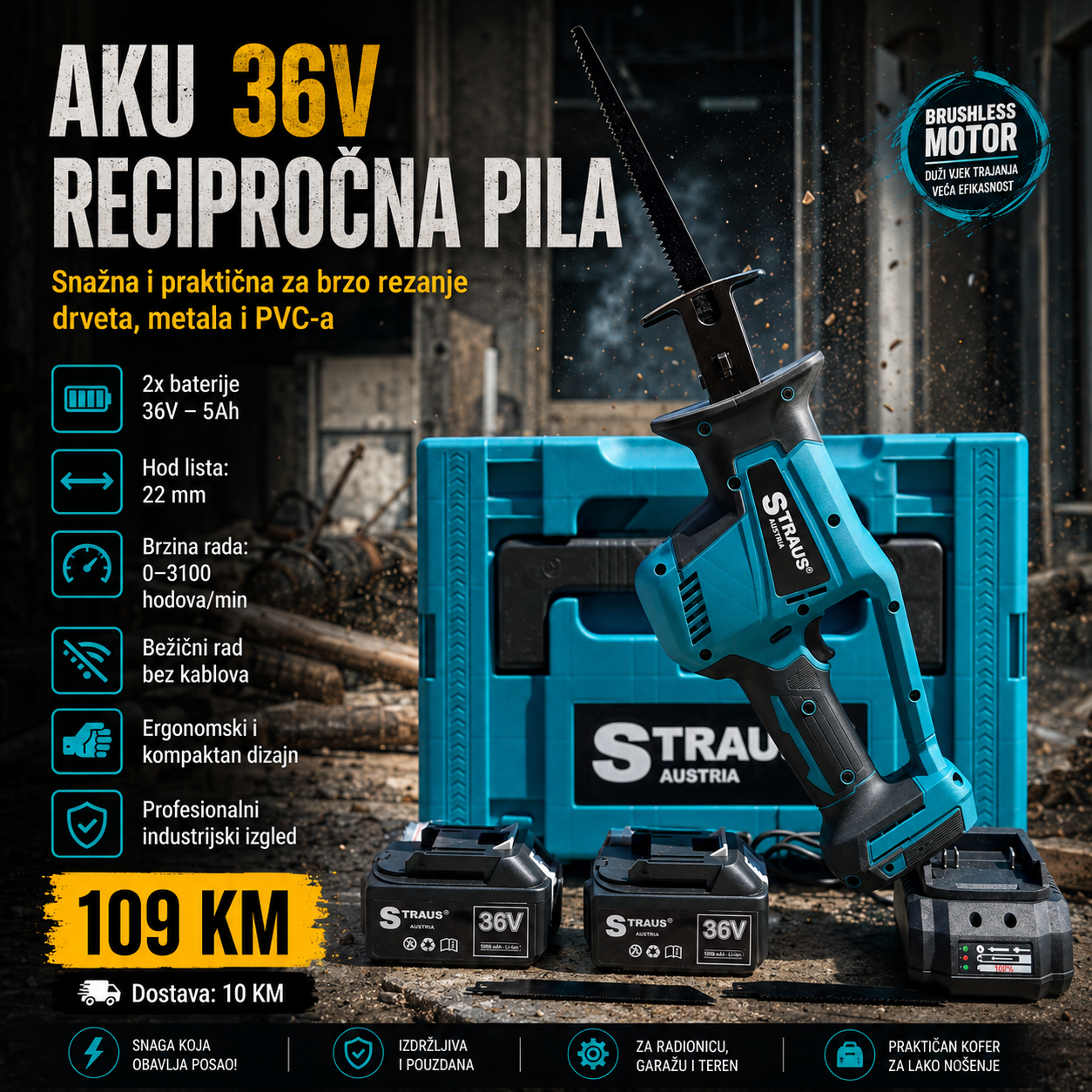 AKU SABLJASTA PILA / LISIČIJI REP BRUSHLESS 36V – STRAUS AUSTRIA + 2 BATERIJE + KOFER