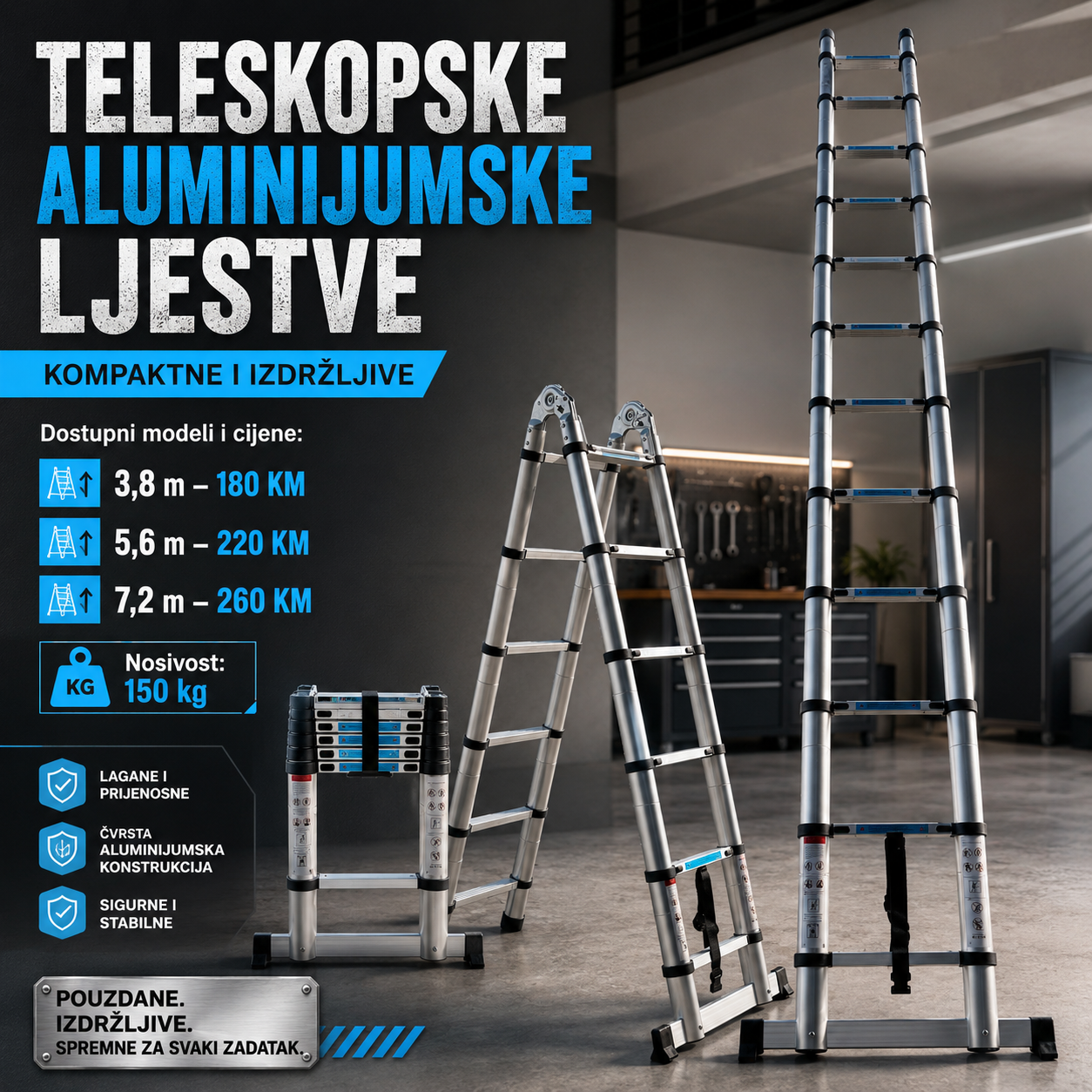 TELESKOPSKE ALUMINIJUMSKE LJESTVE – KOMPAKTNE I IZDRŽLJIVE