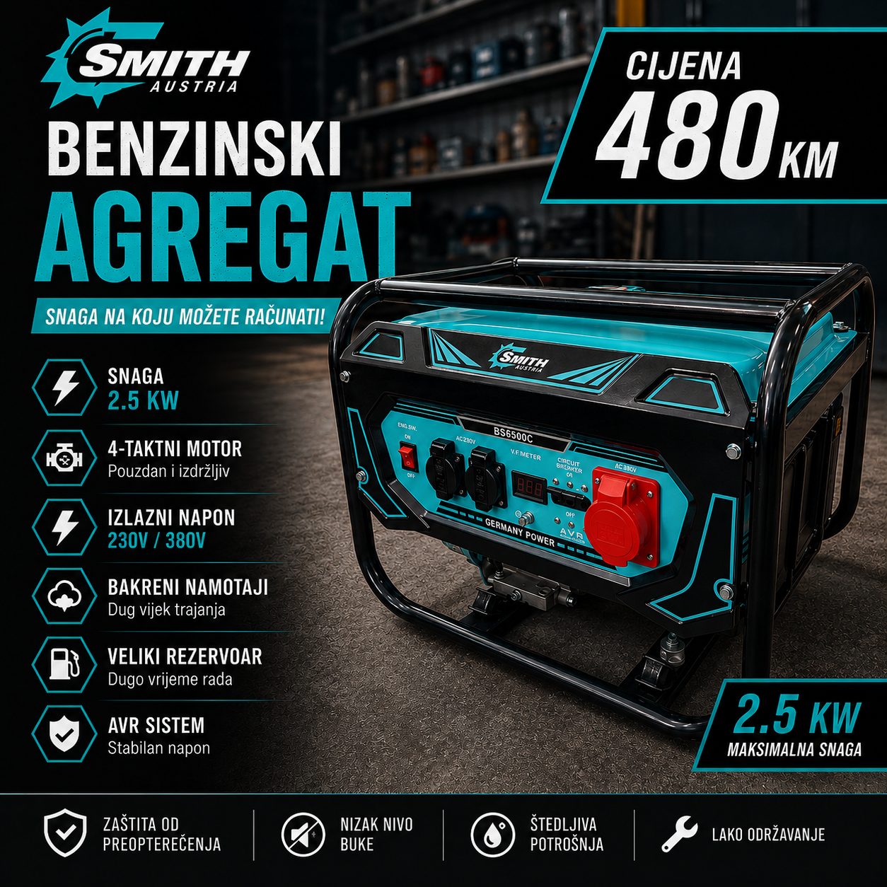 BENZINSKI AGREGAT SMITH AUSTRIA BS6500C SA BAKARNIM NAMOTAJIMA 2,5 KW