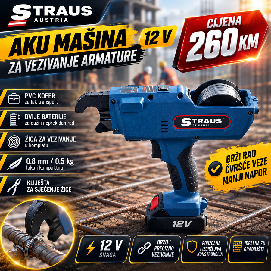 Straus Austria 12V Aku Mašina za Armaturu – Brzo i Sigurno Vezanje