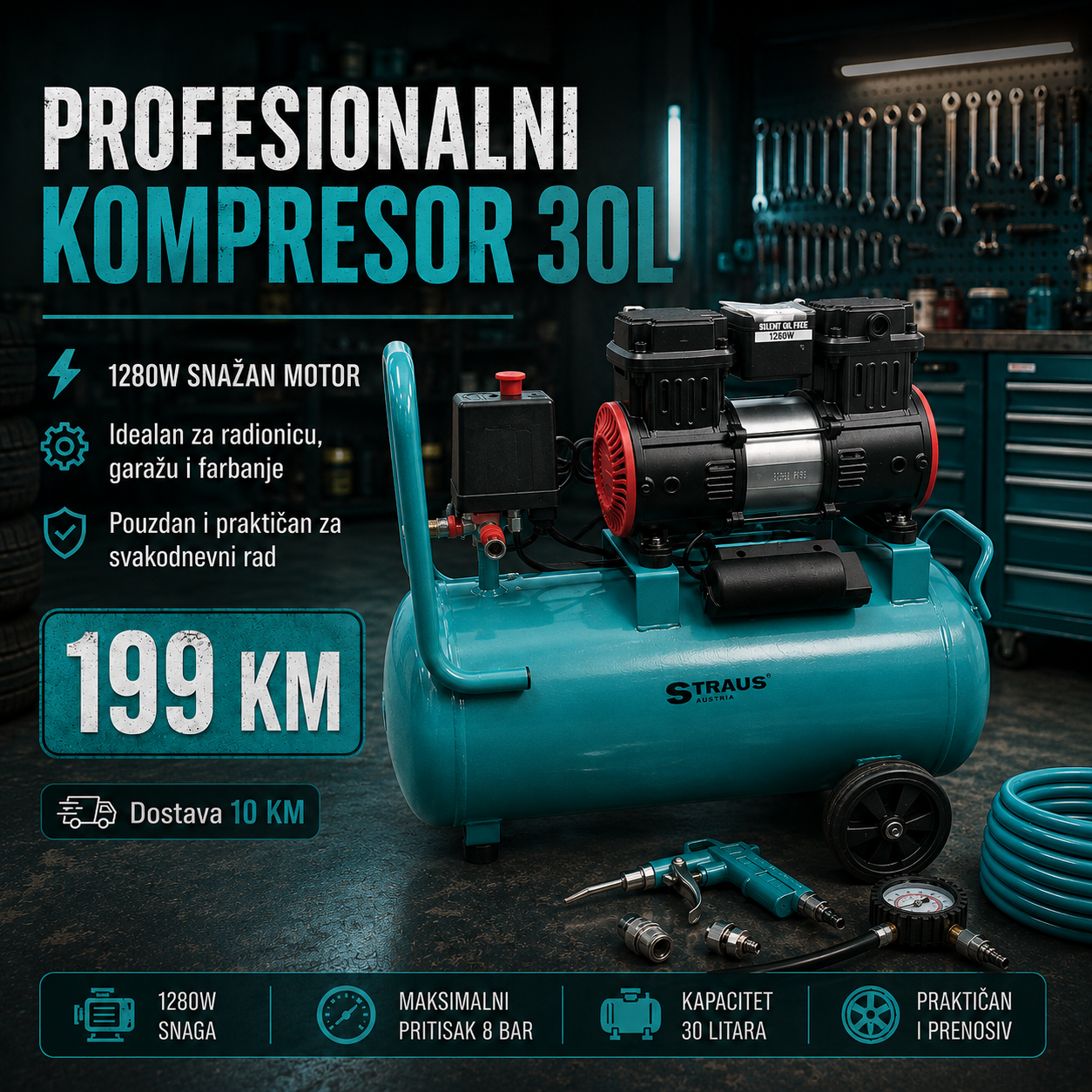 Straus Austria Kompresor 30L 1280W - Vrhunska Snaga i Mobilnost