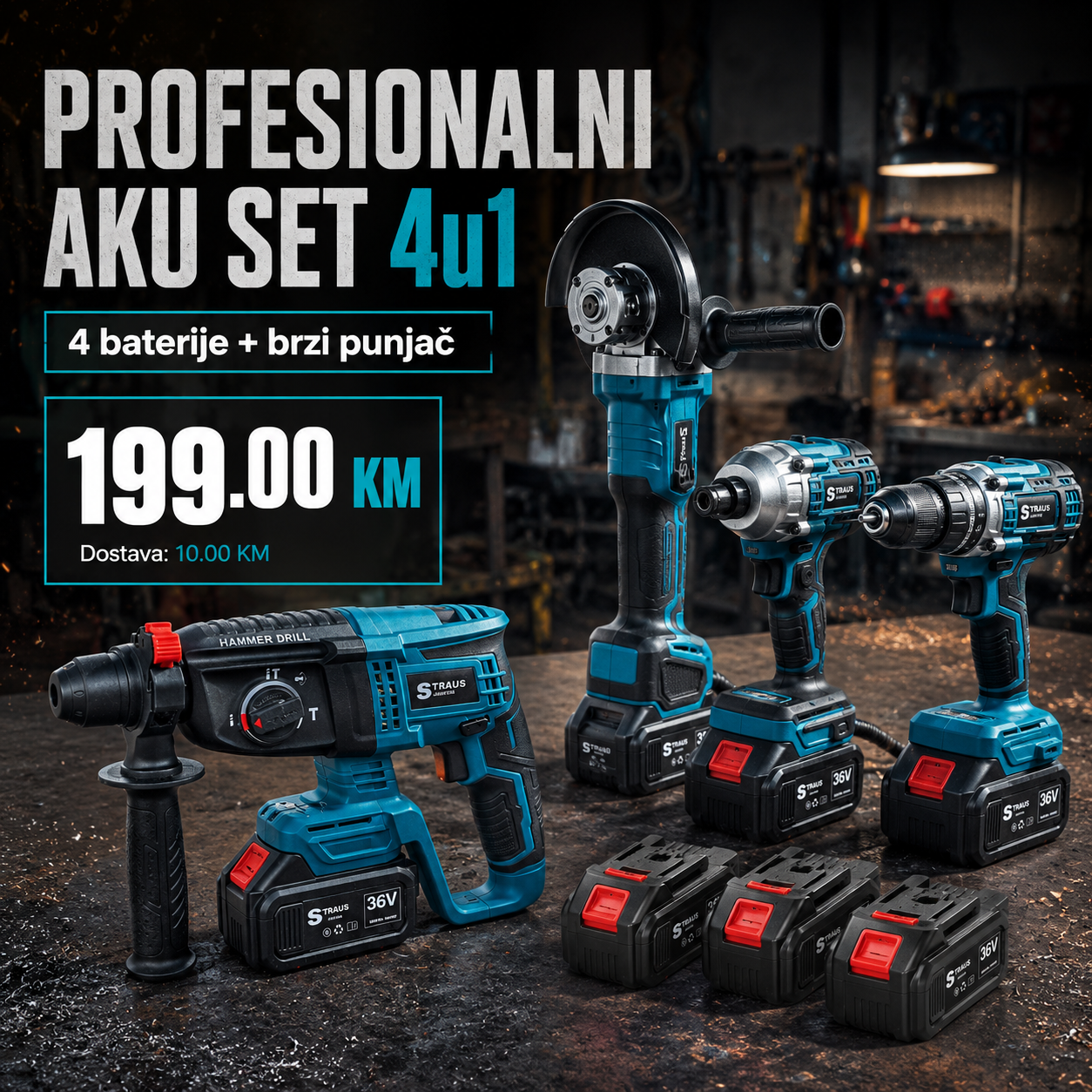 Straus Austria 36V Aku Set 4u1: Profesionalna Snaga i 4 Baterije