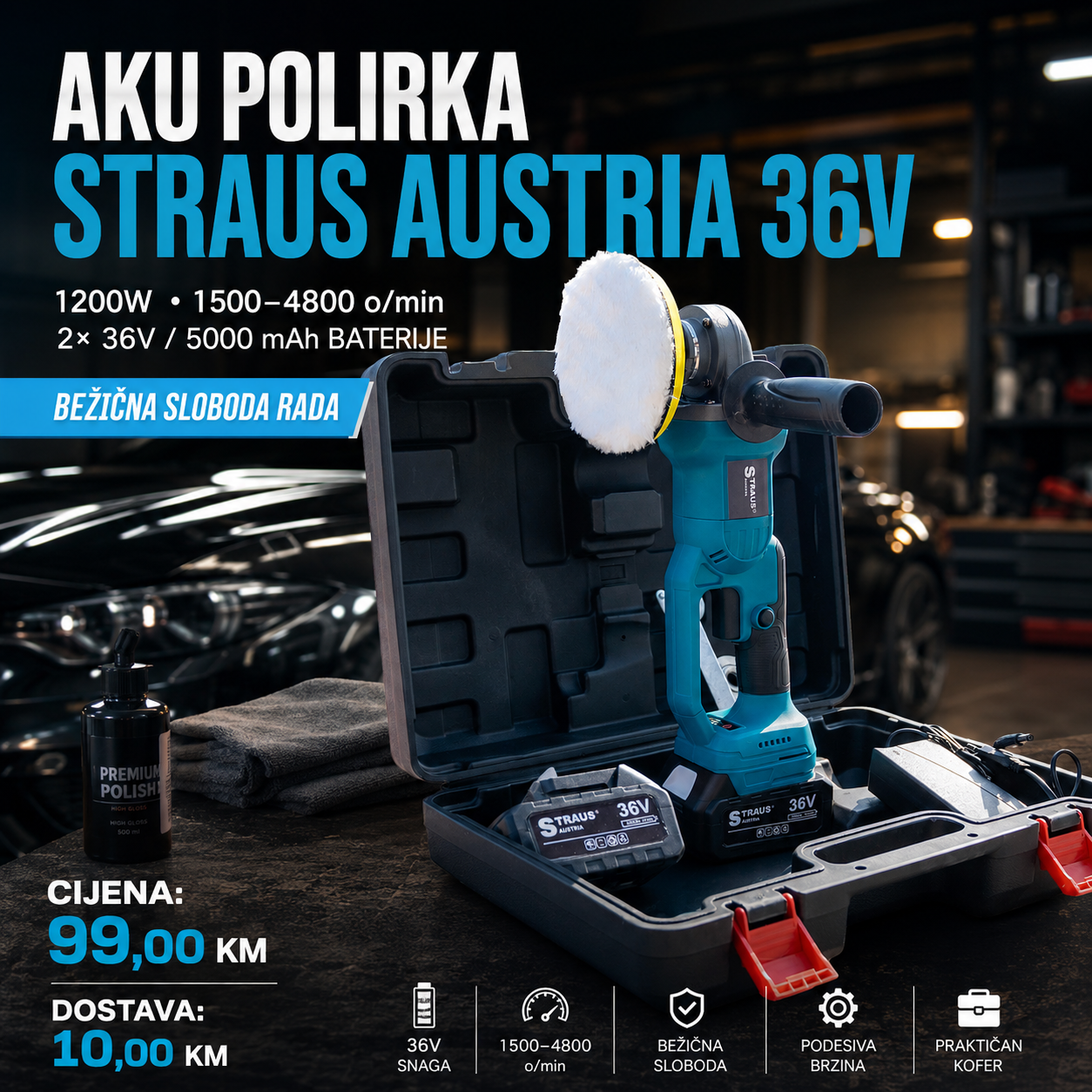 AKU POLIRKA STRAUS AUSTRIA 36V   2 BATERIJE + KOFER
