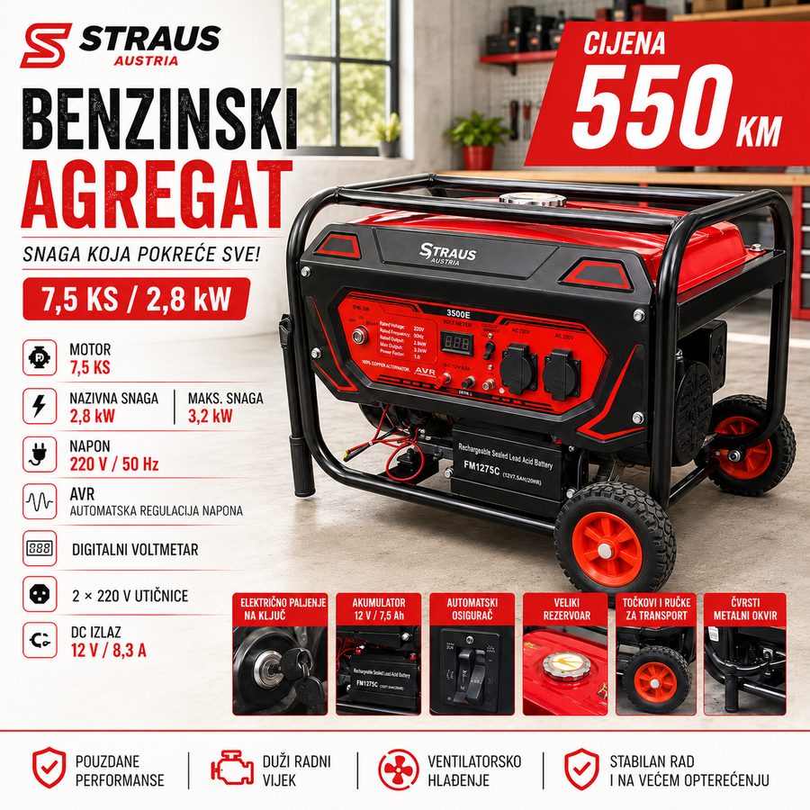 BENZINSKI AGREGAT STRAUS 3500E – 3,2 kW / 7,5 KS PALJENJE NA KLJUČ