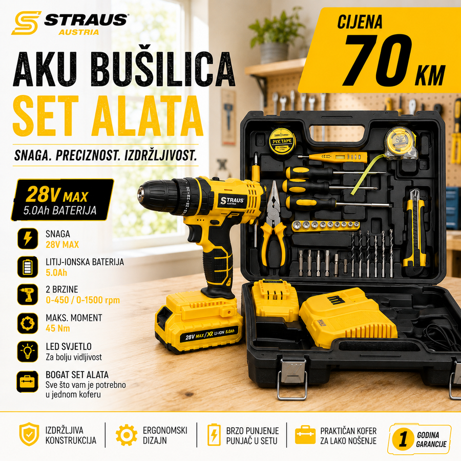 AKU BUŠILICA STRAUS AUSTRIA 28V – KOMPLET SA ALATOM