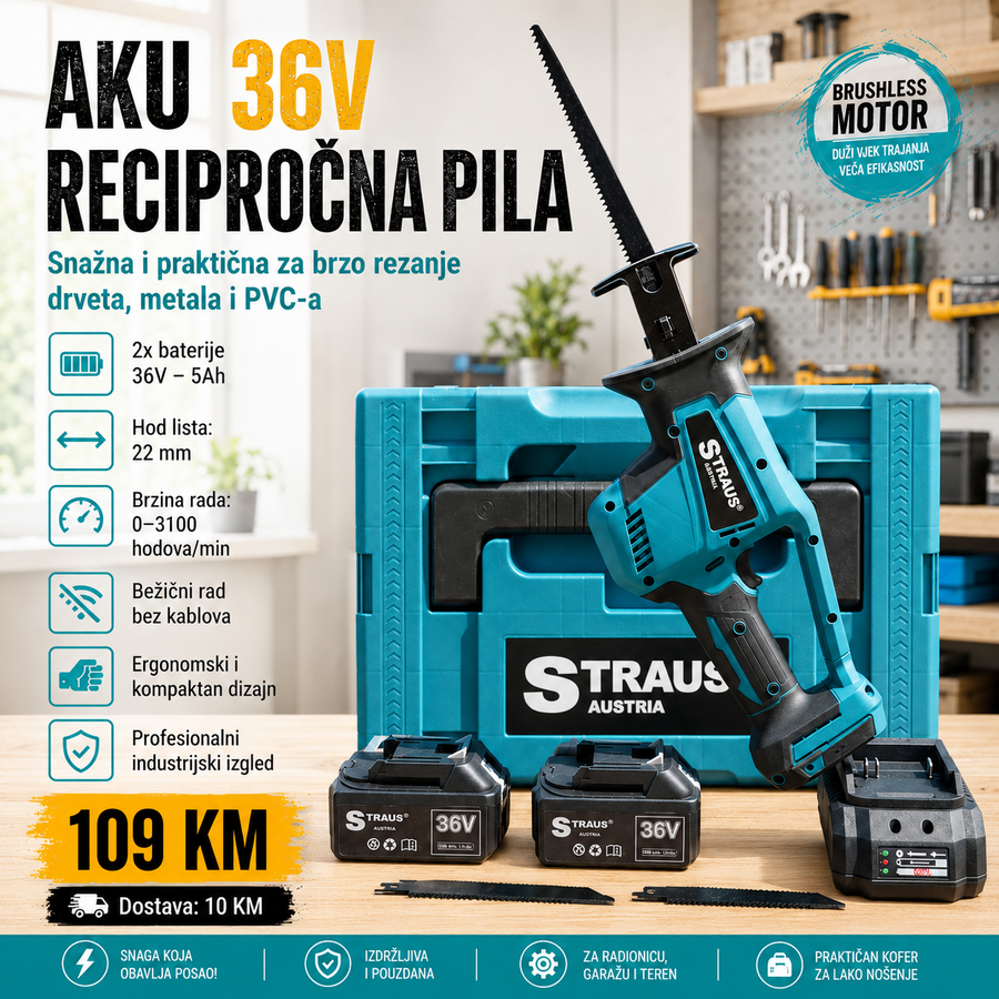 AKU SABLJASTA PILA / LISIČIJI REP BRUSHLESS 36V – STRAUS AUSTRIA + 2 BATERIJE + KOFER
