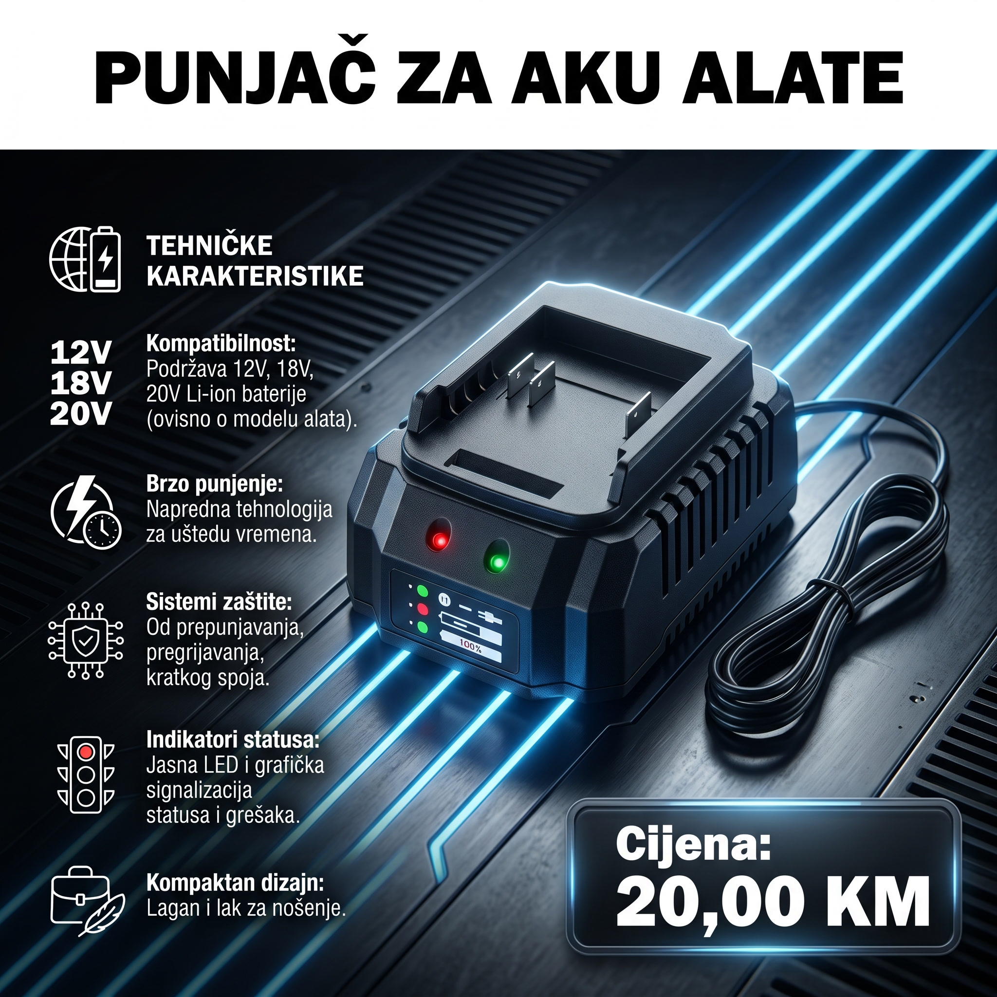 Univerzalni Pro-Series Punjač za Aku Alate (12V-20V) Brzo Punjenje